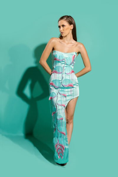 Aqua Bloom strapless fringes dress
