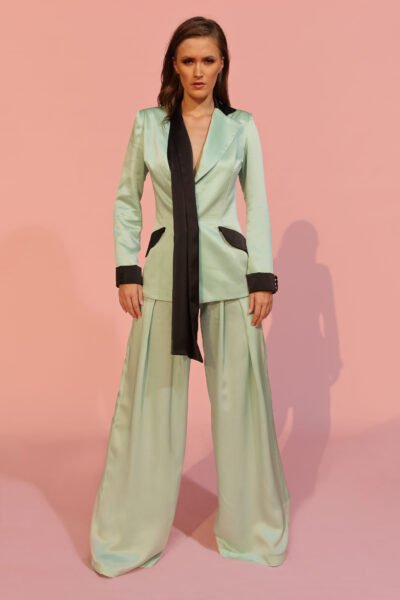 Mint silk satin wide-leg trousers